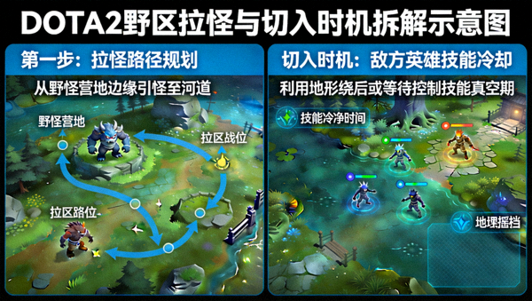 DOTA2 野区拉怪与切入时机拆解示意图