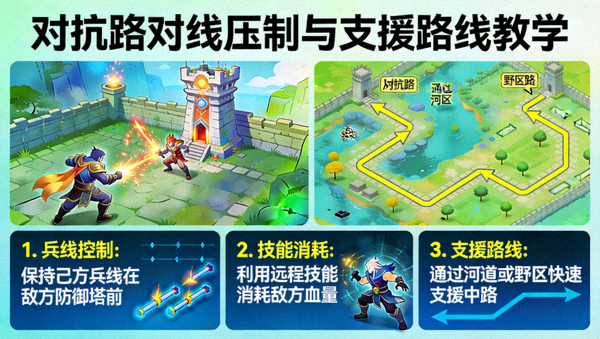 王者荣耀对抗路对线压制与支援路线教学画面